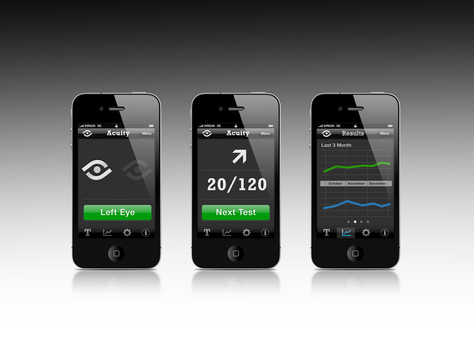 Mobile devices showing the interface of a vision management application.